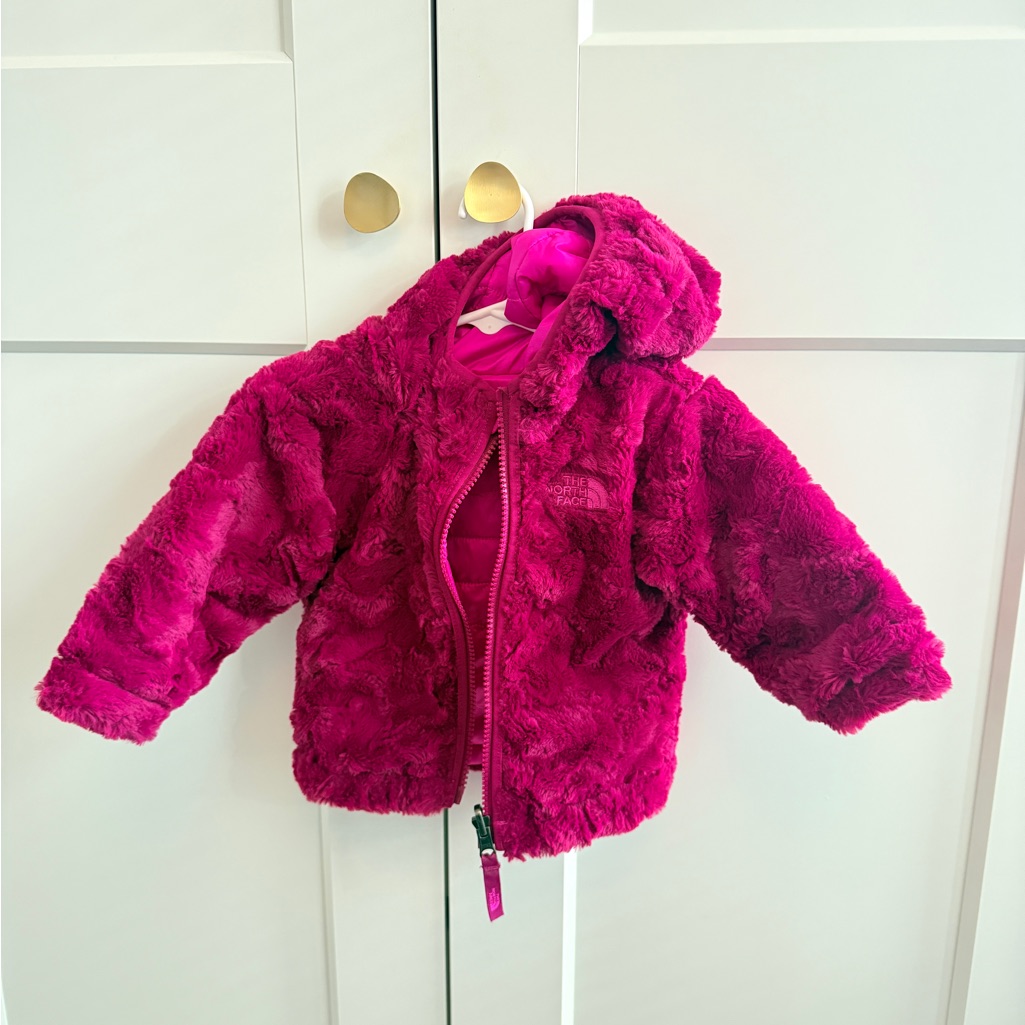 The North Face Reversible Infant Fuchsia Faux Fur Hooded Jacket - 3-6 Month